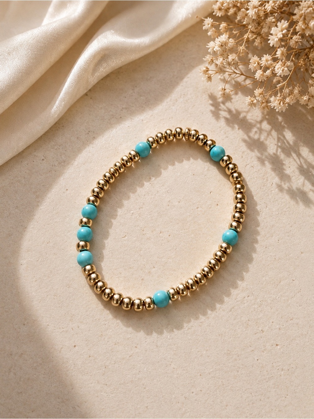 Gold Beaded Bracelet with Turquoise Accent